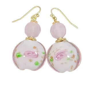 Floral Art Glass Earrings Faceted Pink Rose Quartz Bead Dangle Fish Hook 1.5in